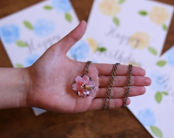 Sakura cherry blossom and bee polymer clay necklace + 3 happy birthday watercolor cards
