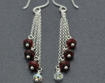 Silver Chain Earrings, Garnet Earrings, Czech glass earrings, Silver Dangle Earrings, Red earrings