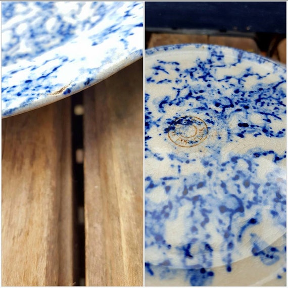 Antique Blue Spongeware Soup Plate Ironstone Porcelain Bowl