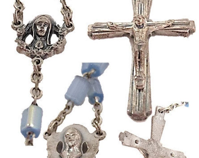 Vintage Blue Stone Rosary with Silver Case and Plaque | Harissa N D Du Liban Our Lady of Lebanon Sanctuary Rosary Teen