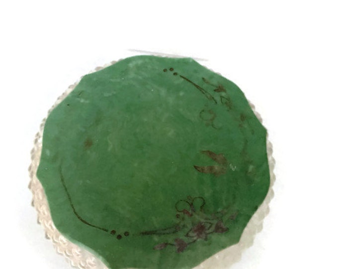 Glass Powder Jar Green Celluloid Decorative Cover | Bakelite Heisey Glass