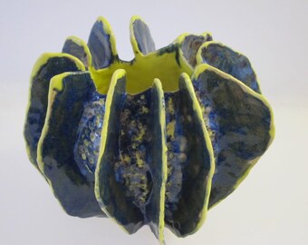 Large modern blue and yellow coral ceramic vase