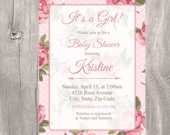 Printable Baby Shower Invitation, Pink Roses Baby Shower Printable Invite, Girl Pink nad Green Baby Shower Invite, Flowers Girl Baby Shower