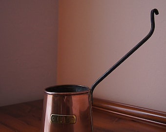 English copper dipper for cider heating, vintage copper cider measure.