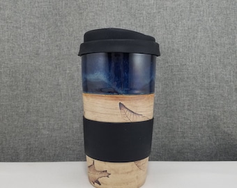 Made to Order(up to 3 weeks)* Ceramic Travel mug / Commuter mug with silicone lid - Dark Blue - Leafs