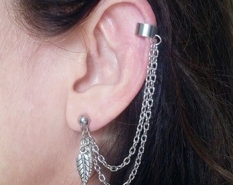 Silver Ear Cuff Chain and leaf Silver Ear Wrap