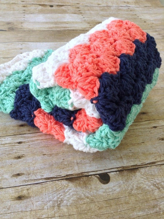 Chunky striped crochet baby blanket lap blanket coral navy