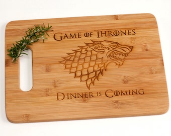 20% per sale donated to Hurricane Harvey Victims: Game or Thrones Cutting Board - Dinner is Coming - House Stark - House Name - Funny Gift