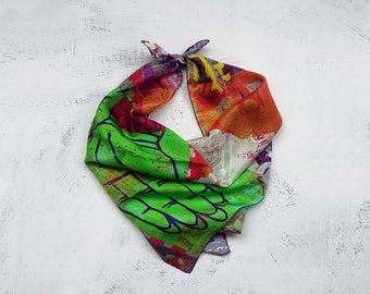 Silk scarf square, hindu art scarf, India bohemian clothing, colourful print scarf, India scarf with hindi words, whimsical gifts for her