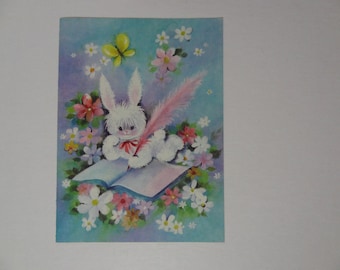 Vintage Greeting Card - Get Well Card - Fluffy White Bunny, Flowers - Never Used