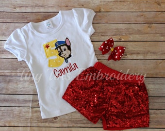 Paw Patrol Birthday Outfit ~ Includes Top, Sequin Shorts and Hair Bow ~ Customize in any colors!