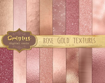 Rose Gold Digital Paper - Rose Gold Textures, Glitter, Gold Foil, Metallic, Brushed Metal Rippled Glass Backgrounds, Instant Download