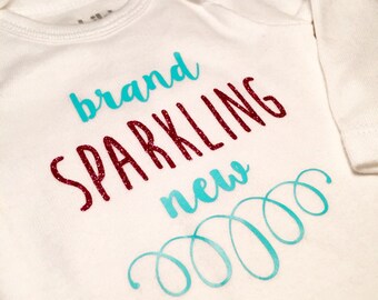 Cute girl onesie, baby newborn, glitter shirt, Brand Sparkling New, baby shower gift idea, new baby, going home outfit girl