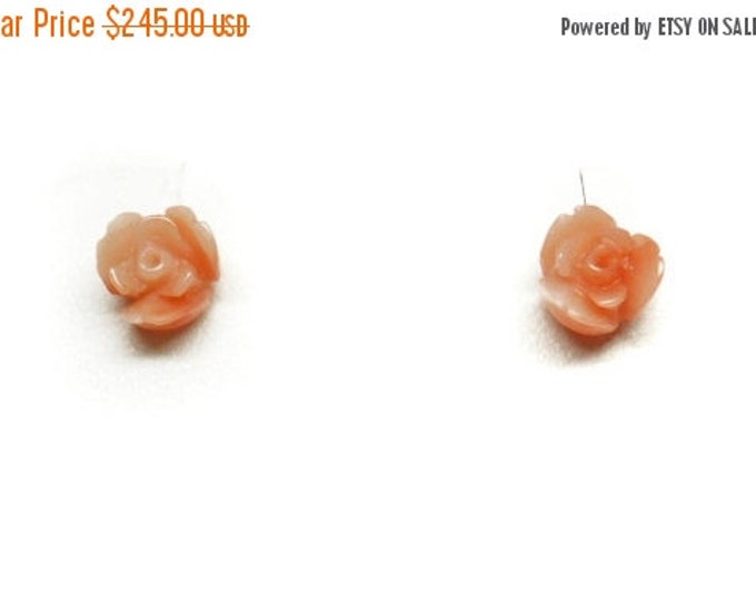 Storewide 25% Off SALE Vintage 14k Gold Angel Skin Coral Rose Bud Earrings Featuring Intricately Carved Floral Design Detail