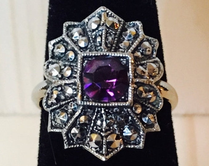 Storewide 25% Off SALE Vintage Silver Tone Overstated Marcasite Designer Amethyst Cocktail Ring Featuring Elegant Shield Style Design