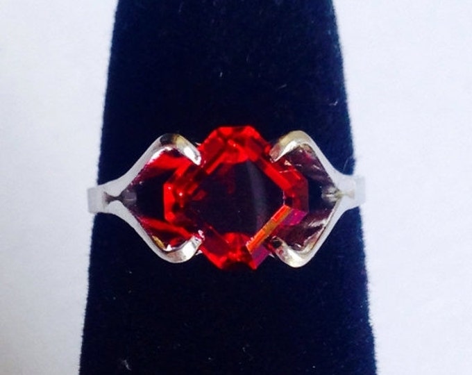 Storewide 25% Off SALE Vintage Sterling Silver Ruby Red Faceted Solitaire Cocktail Ring Featuring Elegant Prong Set Design