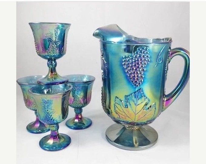 Storewide 25% Off SALE Vintage Limited Edition Carnival Glassmakers Iredecent Blue/Green Pitcher & Matching Goblet Set with Raised Grape Rel
