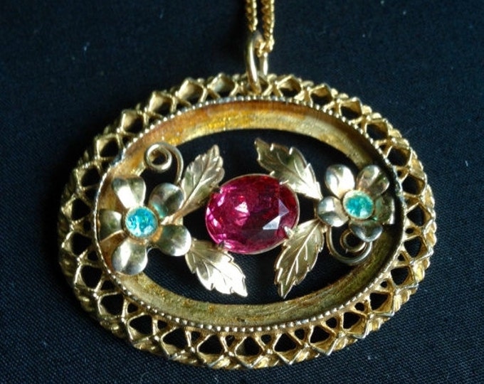 Storewide 25% Off SALE Vintage Rosette Lace Style Ruby & Tanzanite Gold Tone Pendant And Necklace Featuring Delicate Scrolling Center