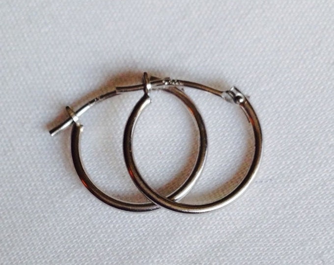 Storewide 25% Off SALE Vintage 14k White Gold Designer French Lock Hoop Earrings Featuring Elegant Style Finish