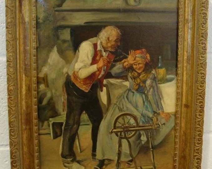 Storewide 25% Off SALE Original Oil on Canvas of Old European Husband Lovingly Blowing Smoke at His Wife Complete With Intricate Gold Gilt W
