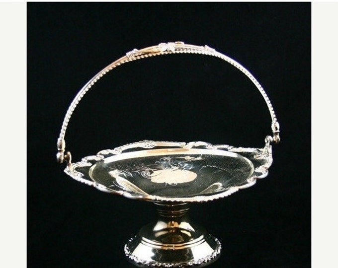 Storewide 25% Off SALE Vintage Quadruple Silver Plated Footed Basket Compote Serving Tray with Roping Style Detailed Basket Handle and Lace