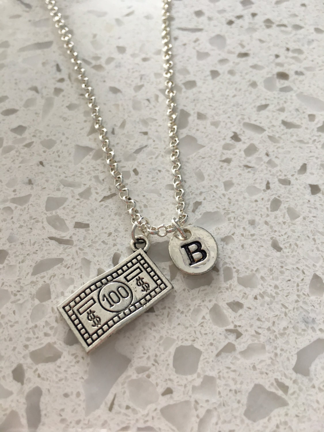 100 Dollar Bill initial necklace Dollar Bill jewelry silver