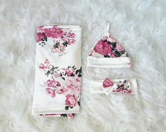 Baby swaddle set in Creamy white and Pink Floral, Luxury Collection, headband, baby photo prop, hospital set, baby gift, stretchy swaddle