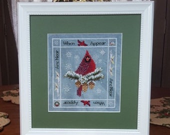 BLACKBERRY LANE DESIGNS "When Cardinals Appear" | Counted Cross Stitch Pattern | Winter, Pine Cones, Evergreen Branch, Snow