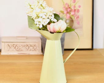 Pale green vintage chippy enamel jug/pitcher