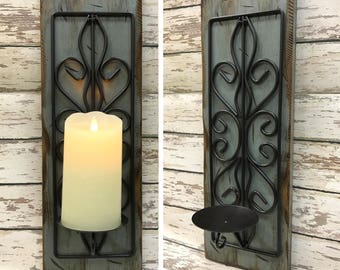 Candle Holder Wood Metal Wall SCONCE *Battery Operated Flameless Candle is optional *Rustic Distressed Decor Antique White Cream Blue Gray