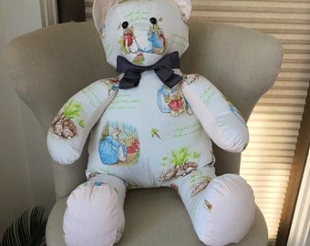Decorative designer bear for nursery in Peter Rabbit fabric