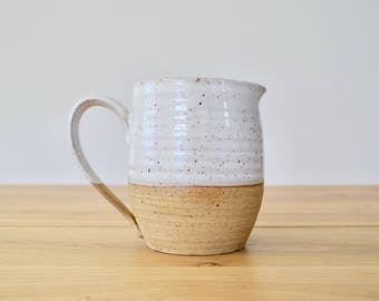 FARMHOUSE Collection: Petite pitcher. Wheel thrown, handmade pottery. Brown speckled natural clay and white glaze. Simple, rustic, modern