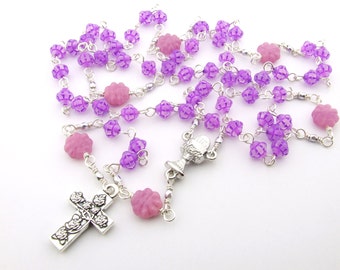 First Communion Rosary - Catholic Rosary Beads - Lilac Pink Five Decade Rosary - Girl's Rosary - Catholic Gift - First Communion Gift