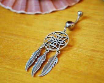 FREE SHIPPING! Dream catcher belly ring, hippie purple button jewelry, silver navel piercing, belly dancer, feather belly ring, musthave