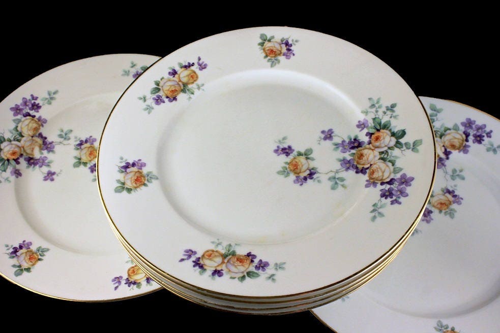 Antique Dinner Plates, Thomas Bavaria, Yellow Rose, Floral Pattern, Set