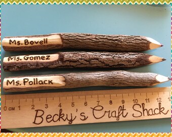 Lead twig pencils. Personalised with any name wood burned on using pyrography. School, teachers, party bag fillers, save the date, favours