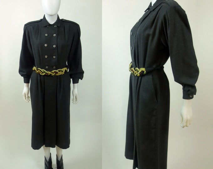 80s The Americans military inspired midi length pleated charcoal grey secretary dress