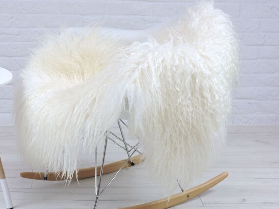 Luxury real genuine white/cream "MONGOLIAN" style, curly hairs Icelandic single sheepskin rug, i99