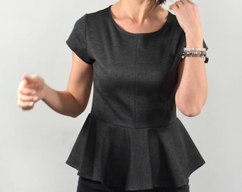 Peplum top/ short sleeve grey peplum blouse.