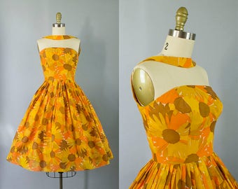 1950s floral halter dress/ 50 reverse halter sundress/ small