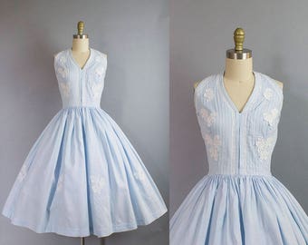 1950s Blue Cotton Halter Dress/ 50s floral applique sundress/ medium (36b/27w)