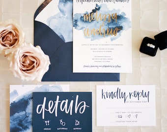 watercolor wedding invitation suite download // modern boho custom designed handwritten printable // bohemian navy and gold digital design