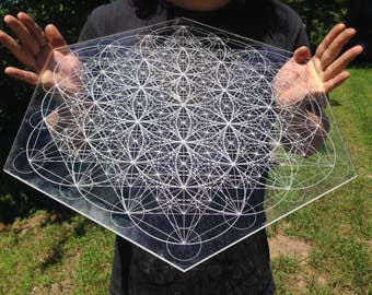 Metatron's Cube Flower of Life Pattern Laser Cut Crystal Grid Artwork