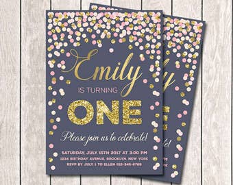 Navy Pink Ivory Gold Confetti Invitation Girl 1st Birthday Invitation Navy Pink And Gold Birthday Invitation Any Age Printable Invitation