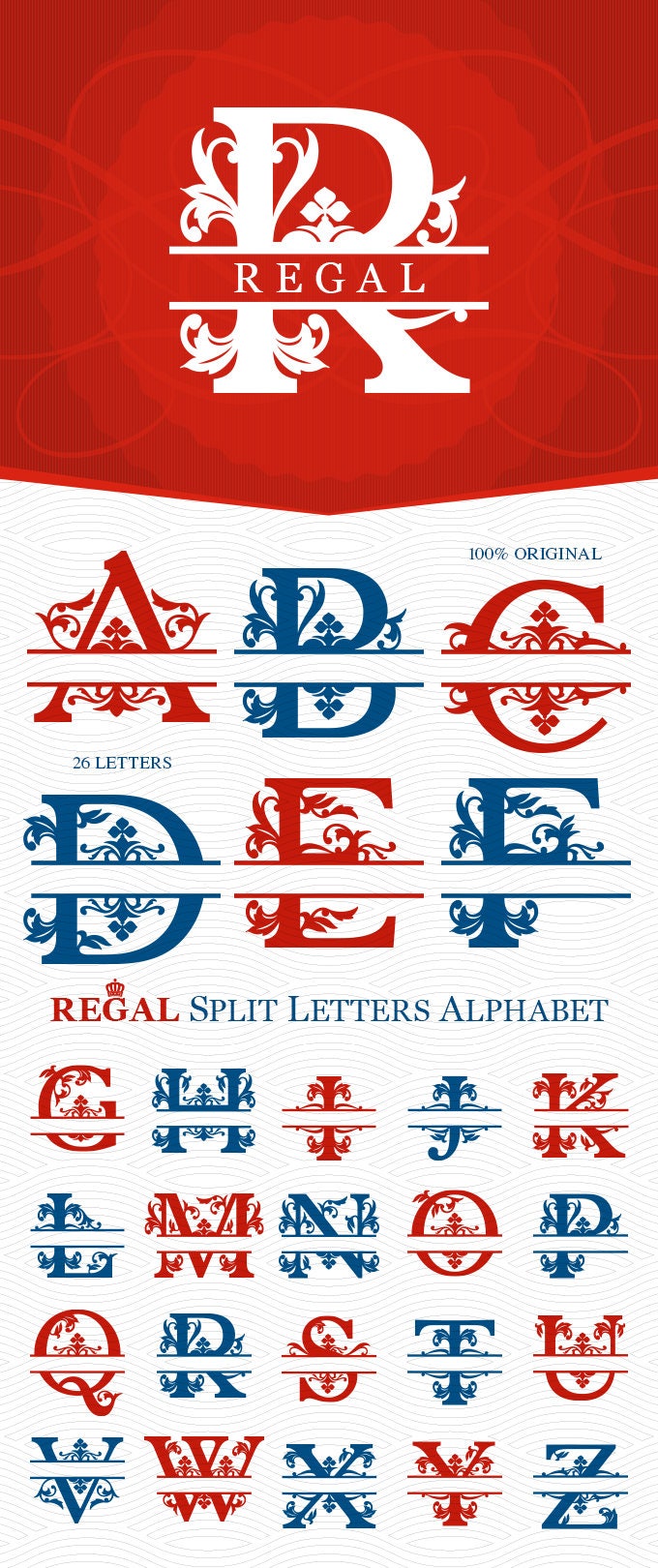 Download A to Z Regal Split Monogram Alphabet Ready to Cut SVG DXF