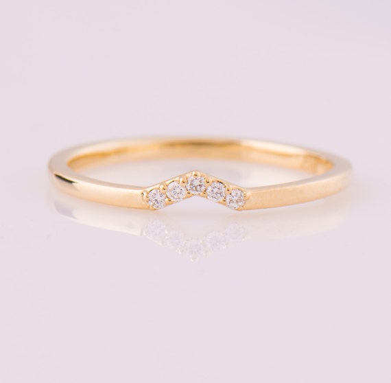 Small V Shaped Ring 14K Yellow Gold Band Diamond Wedding