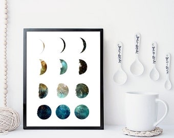 Galaxy moon phase print, wall art, poster, moon art print, moon phases, home wall decor, modern print, nebula print, moon poster, gift