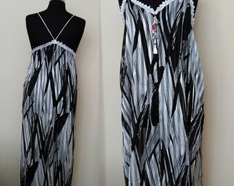 Oversize Beach Dress, Embellished Boho Casual Dress, Boho Maxi Blak&White Dress, Handmadeby Nadya Size 12-14