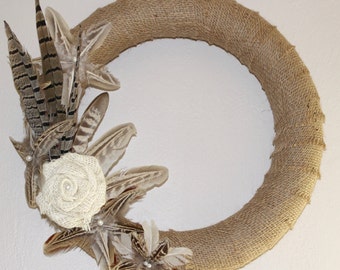 Burlap and Ringneck Pheasant Wreath 12"