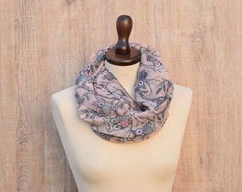 Light Orange Owl Infinity Scarf, Owl Print Scarf, Spring Summer Shawl Scarves, Fashion Women's Scarf, Bohemian Boho Scarf, Gifts For Her